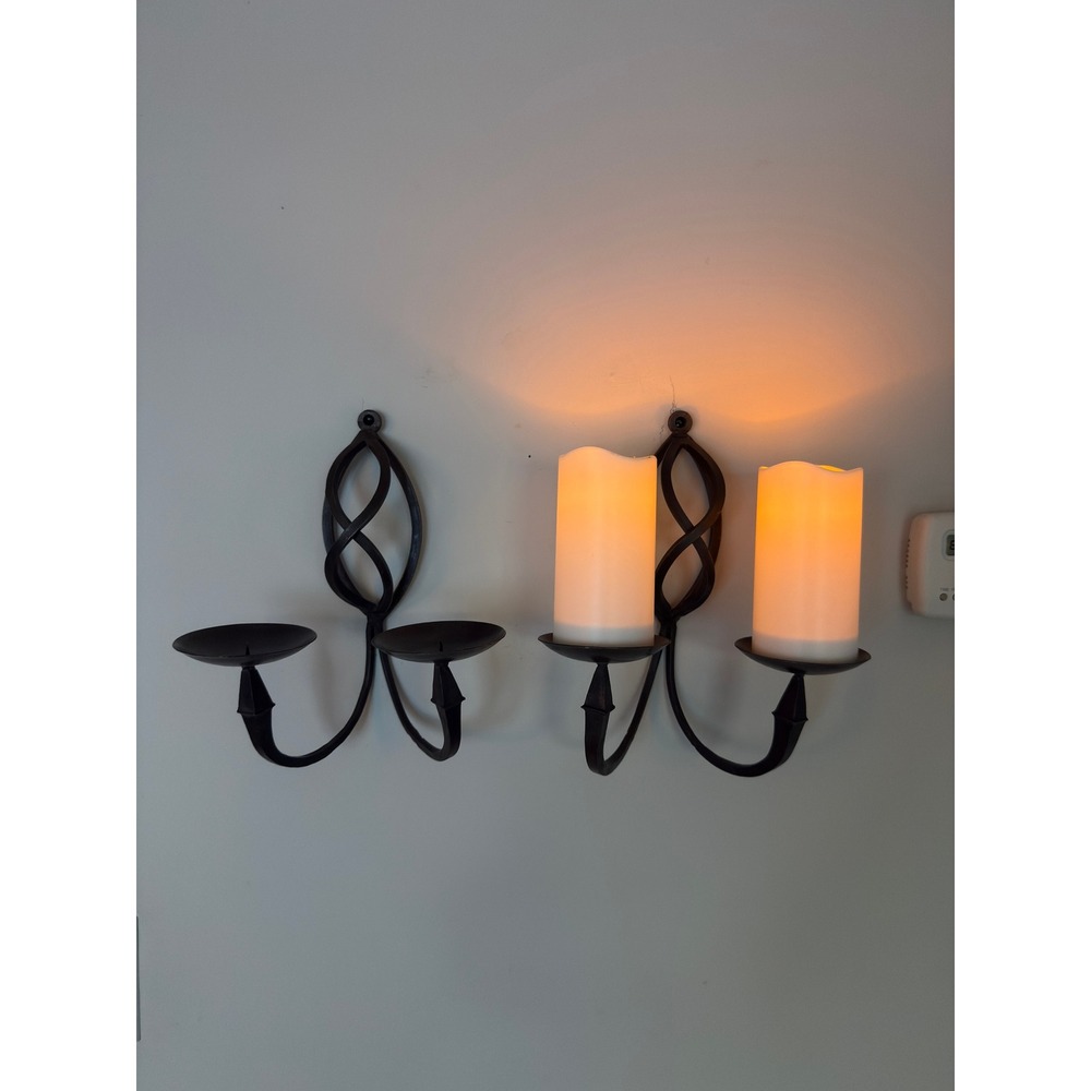 Vintage Pair Wrought Iron Double Arm Wall Sconces Candle Holders Gothic